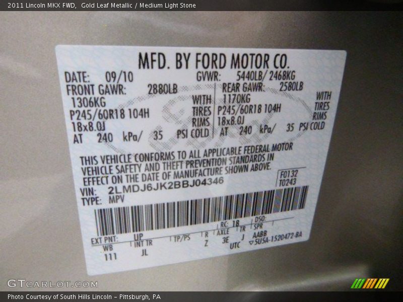 2011 MKX FWD Gold Leaf Metallic Color Code UP