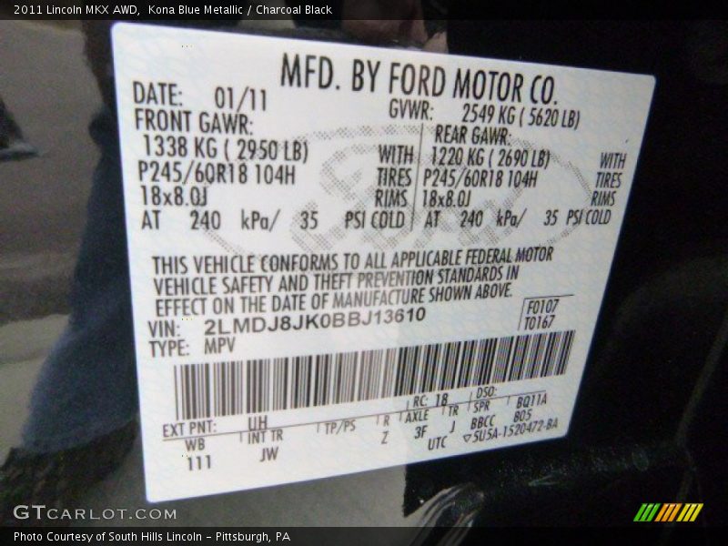 Kona Blue Metallic / Charcoal Black 2011 Lincoln MKX AWD