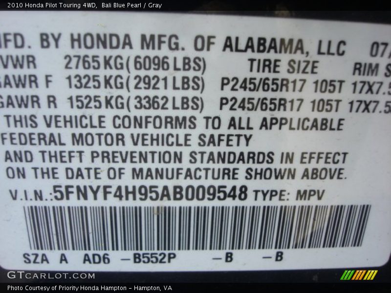 Bali Blue Pearl / Gray 2010 Honda Pilot Touring 4WD