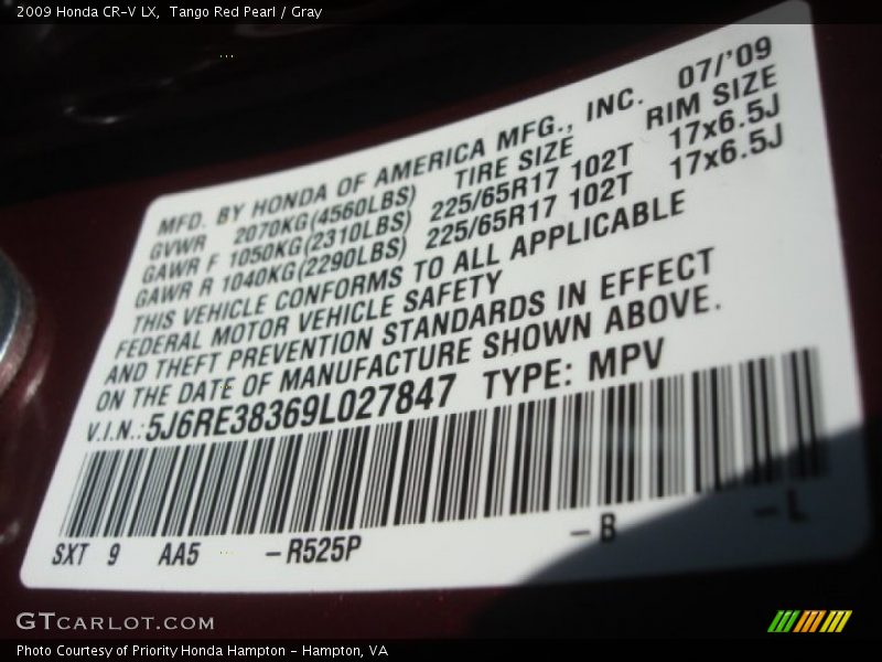 Tango Red Pearl / Gray 2009 Honda CR-V LX
