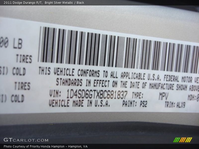 2011 Durango R/T Bright Silver Metallic Color Code PS2