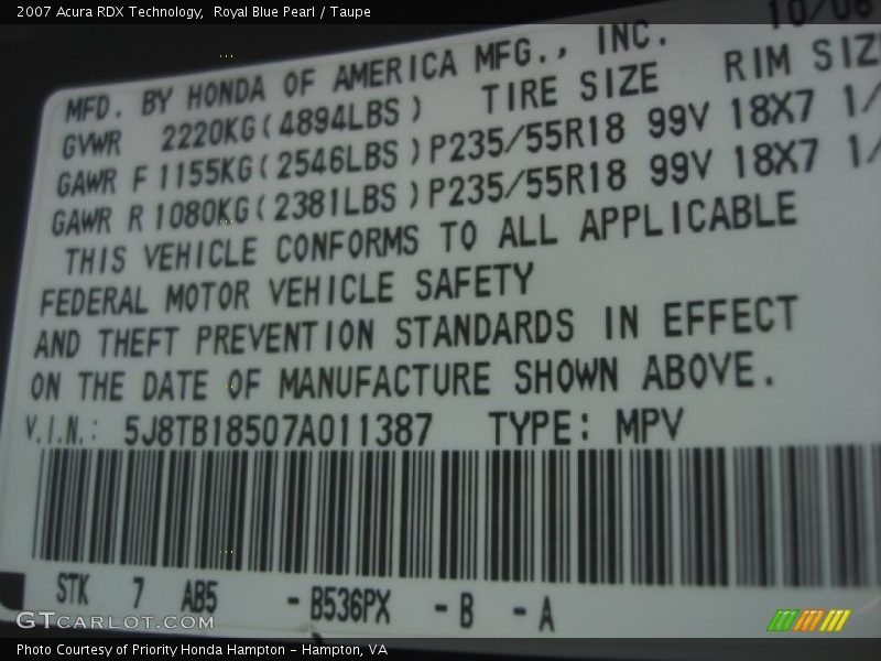 2007 RDX Technology Royal Blue Pearl Color Code B536PX