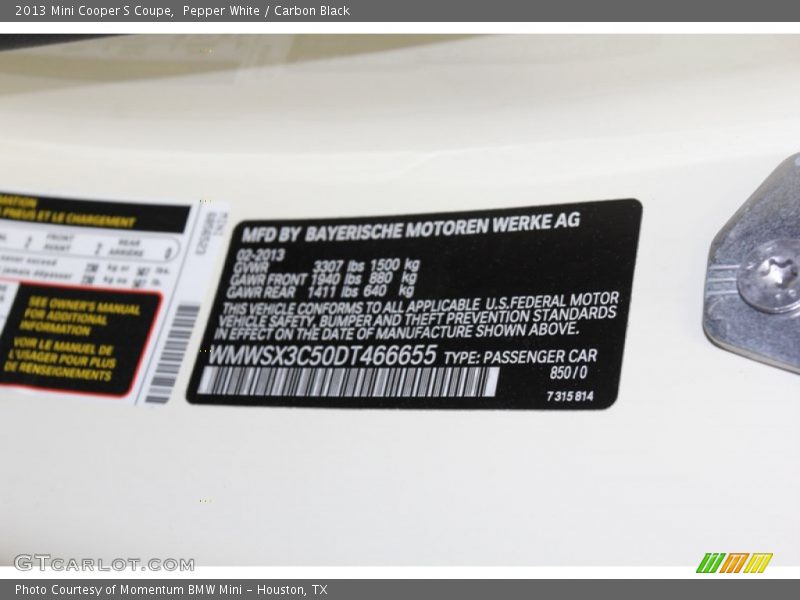 Pepper White / Carbon Black 2013 Mini Cooper S Coupe