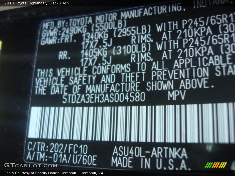 Black / Ash 2010 Toyota Highlander