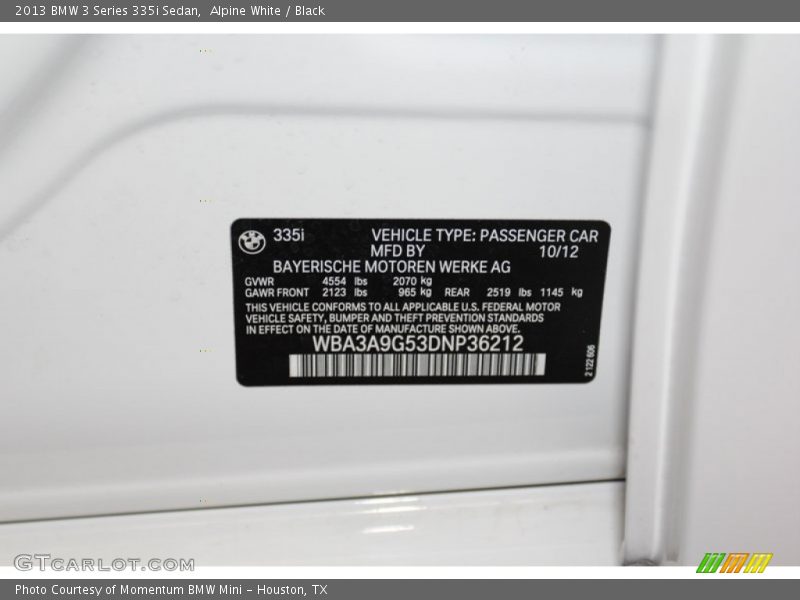 Info Tag of 2013 3 Series 335i Sedan