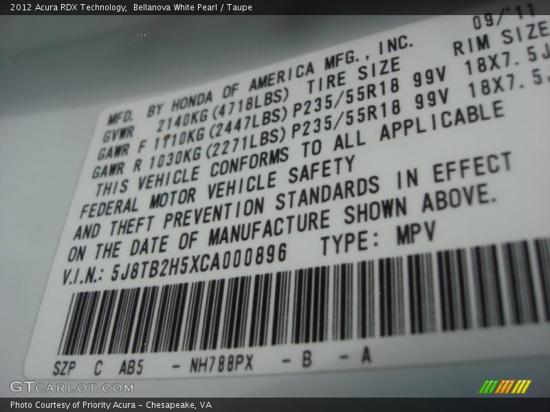 Bellanova White Pearl / Taupe 2012 Acura RDX Technology
