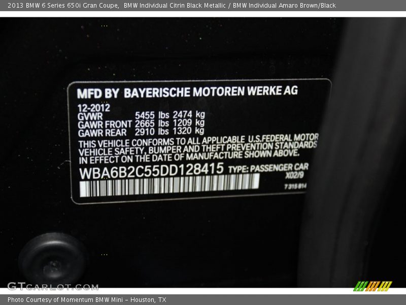 2013 6 Series 650i Gran Coupe BMW Individual Citrin Black Metallic Color Code X02
