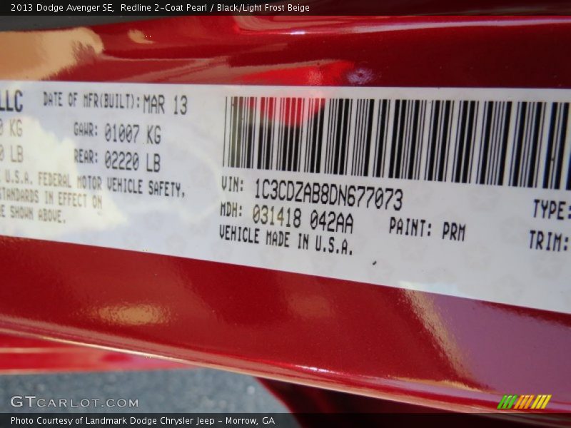 Redline 2-Coat Pearl / Black/Light Frost Beige 2013 Dodge Avenger SE