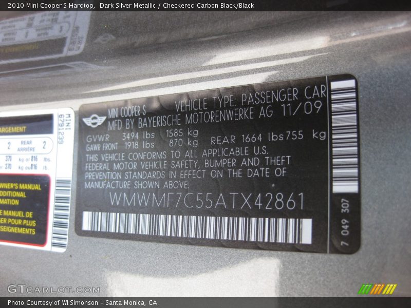 Dark Silver Metallic / Checkered Carbon Black/Black 2010 Mini Cooper S Hardtop