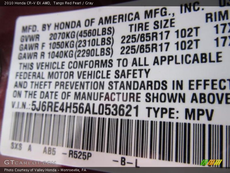 Tango Red Pearl / Gray 2010 Honda CR-V EX AWD