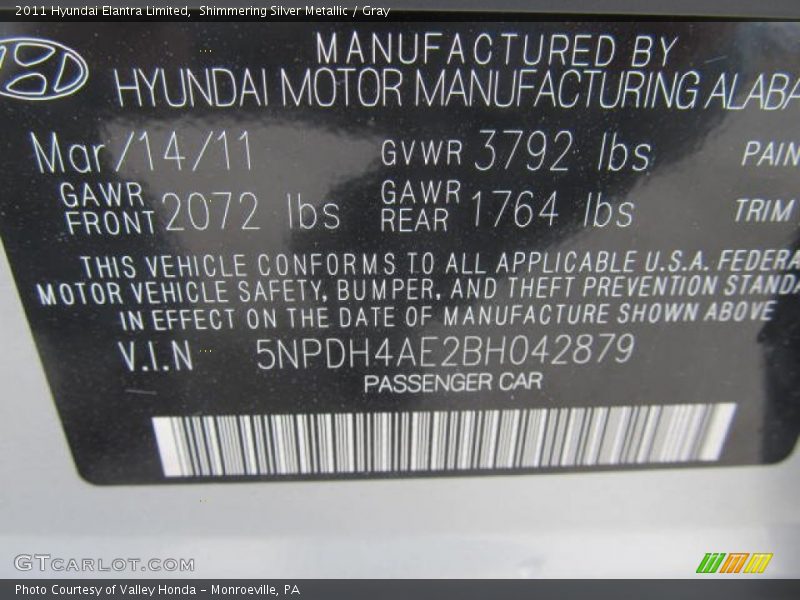 Shimmering Silver Metallic / Gray 2011 Hyundai Elantra Limited
