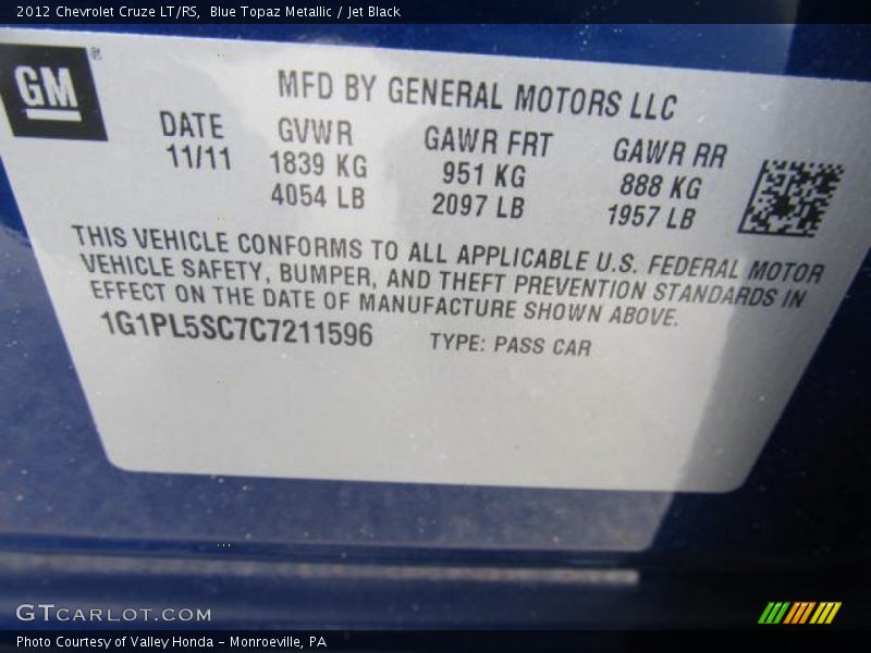 Info Tag of 2012 Cruze LT/RS