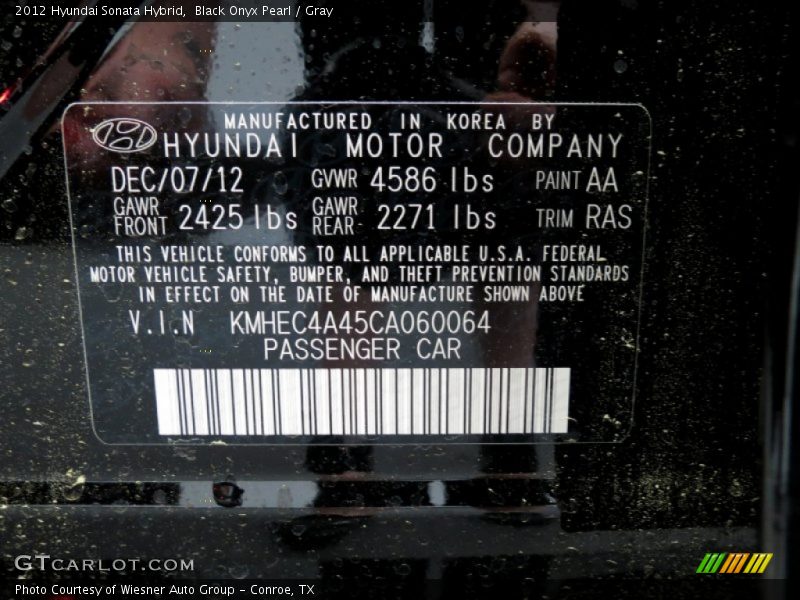 Black Onyx Pearl / Gray 2012 Hyundai Sonata Hybrid