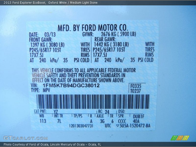 2013 Explorer EcoBoost Oxford White Color Code YZ