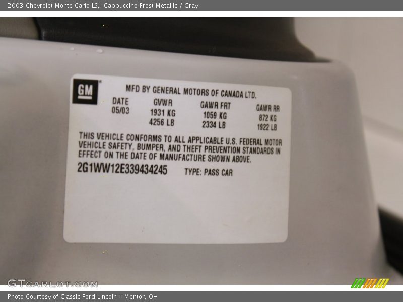 Cappuccino Frost Metallic / Gray 2003 Chevrolet Monte Carlo LS