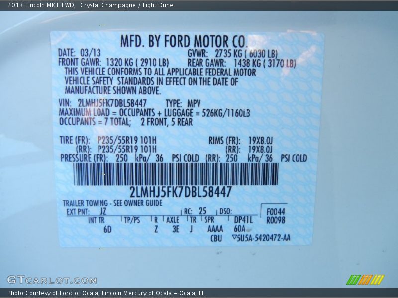 2013 MKT FWD Crystal Champagne Color Code JZ