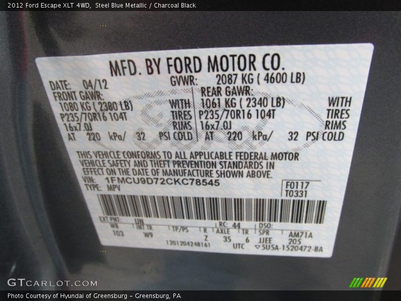 Steel Blue Metallic / Charcoal Black 2012 Ford Escape XLT 4WD