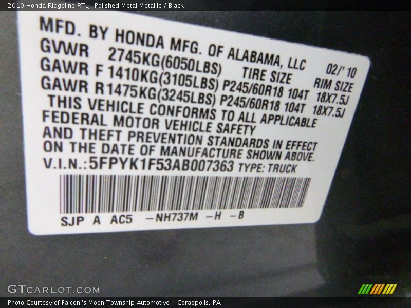 Polished Metal Metallic / Black 2010 Honda Ridgeline RTL