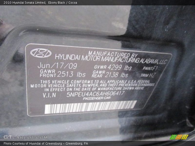 Ebony Black / Cocoa 2010 Hyundai Sonata Limited
