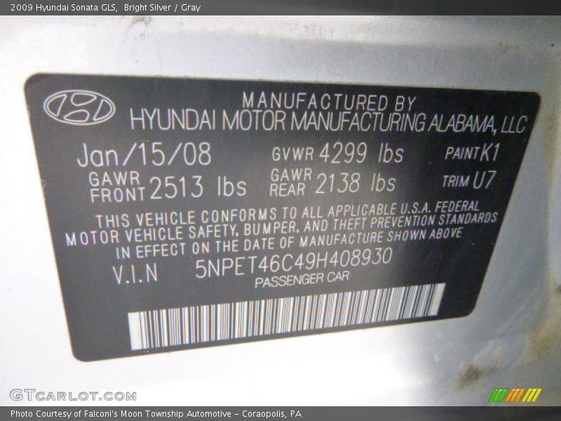 Bright Silver / Gray 2009 Hyundai Sonata GLS