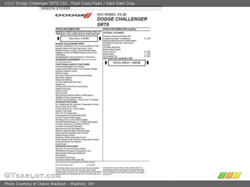  2013 Challenger SRT8 392 Window Sticker