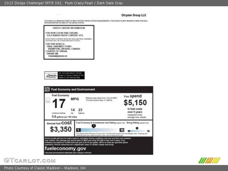  2013 Challenger SRT8 392 Window Sticker