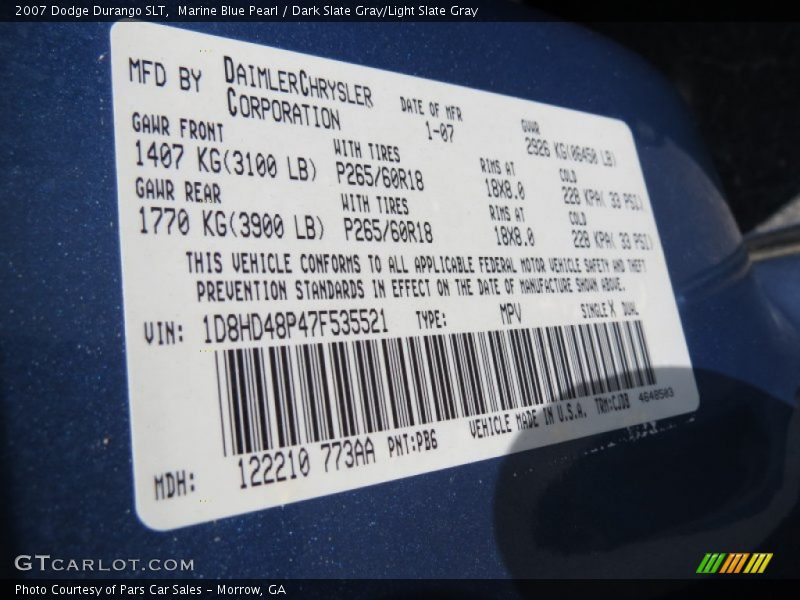 Marine Blue Pearl / Dark Slate Gray/Light Slate Gray 2007 Dodge Durango SLT