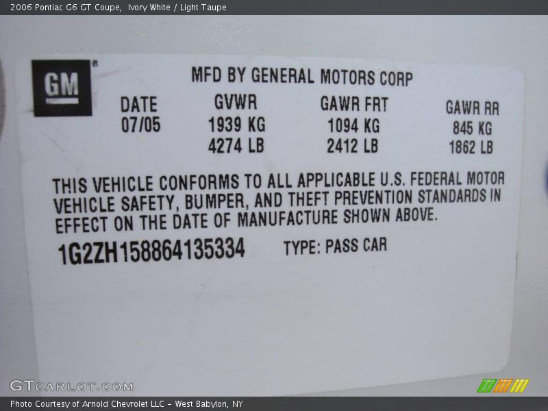 Ivory White / Light Taupe 2006 Pontiac G6 GT Coupe