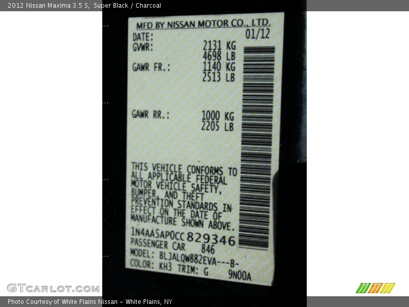 Super Black / Charcoal 2012 Nissan Maxima 3.5 S