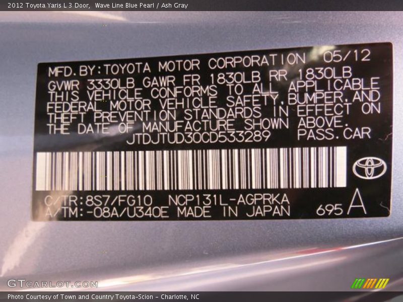 Wave Line Blue Pearl / Ash Gray 2012 Toyota Yaris L 3 Door