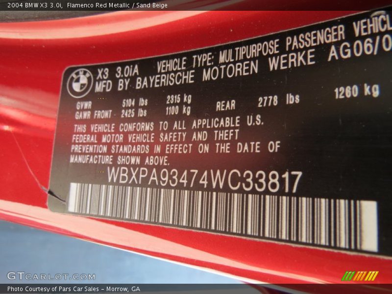 Flamenco Red Metallic / Sand Beige 2004 BMW X3 3.0i