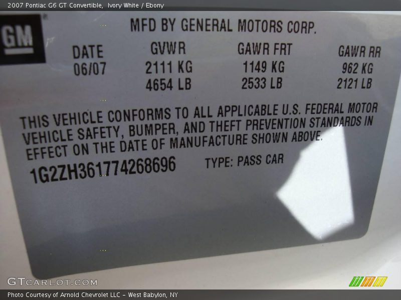 Ivory White / Ebony 2007 Pontiac G6 GT Convertible