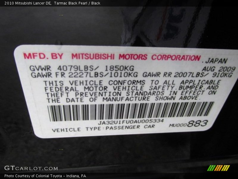 Tarmac Black Pearl / Black 2010 Mitsubishi Lancer DE