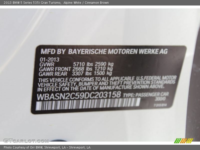 Alpine White / Cinnamon Brown 2013 BMW 5 Series 535i Gran Turismo