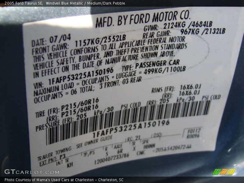 Windveil Blue Metallic / Medium/Dark Pebble 2005 Ford Taurus SE