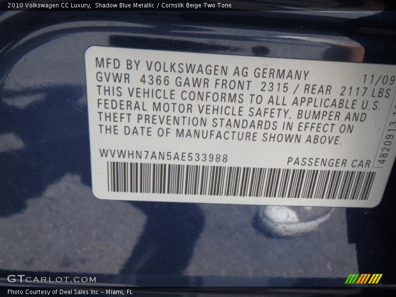 Shadow Blue Metallic / Cornsilk Beige Two Tone 2010 Volkswagen CC Luxury