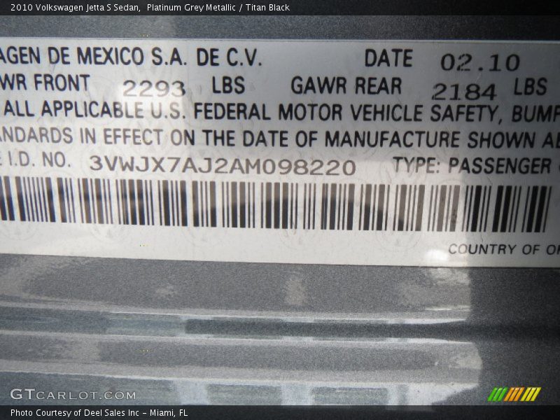 Platinum Grey Metallic / Titan Black 2010 Volkswagen Jetta S Sedan