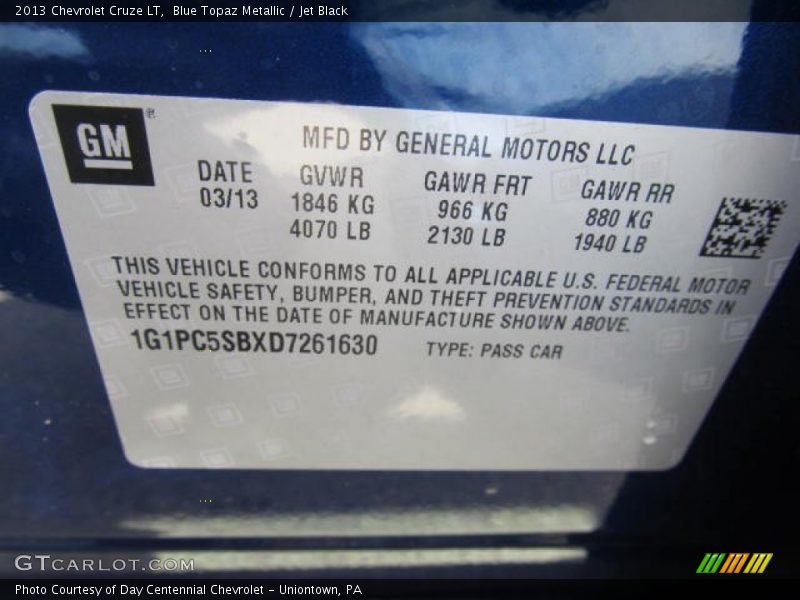 Blue Topaz Metallic / Jet Black 2013 Chevrolet Cruze LT