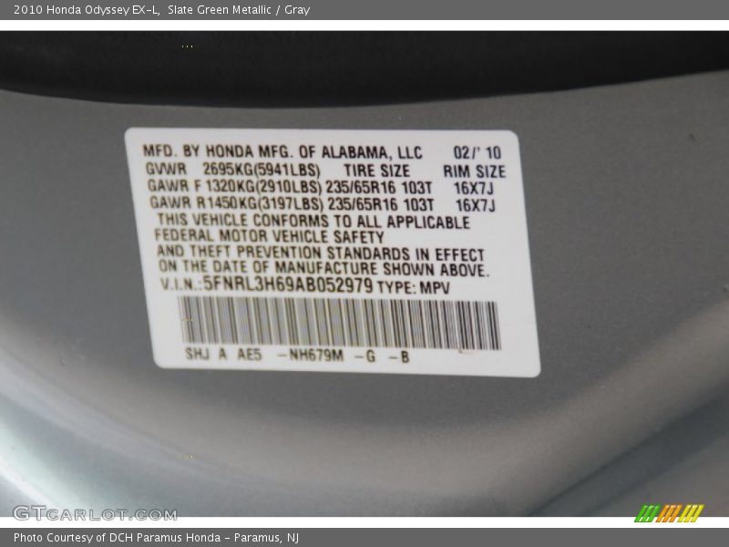 Slate Green Metallic / Gray 2010 Honda Odyssey EX-L