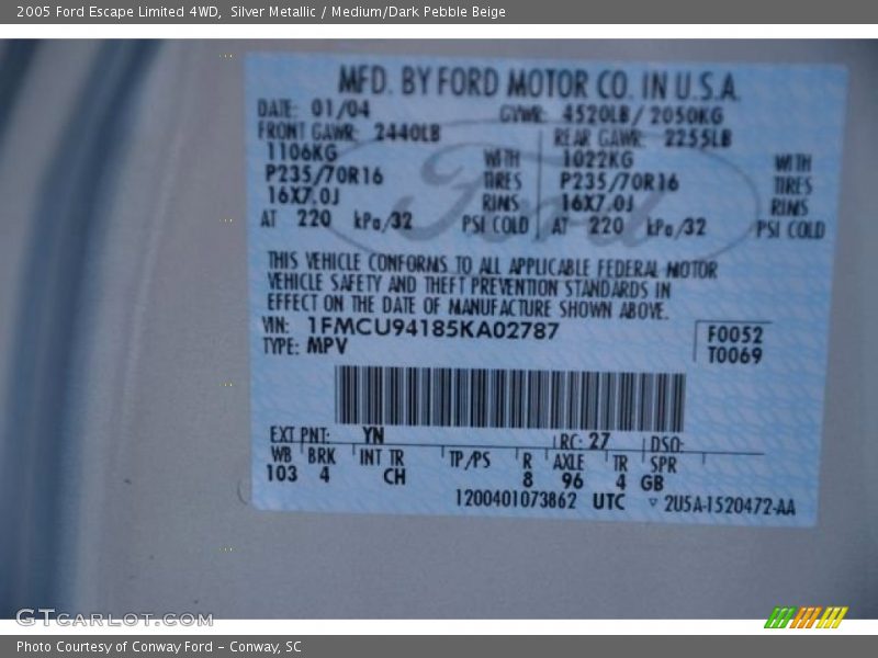Silver Metallic / Medium/Dark Pebble Beige 2005 Ford Escape Limited 4WD