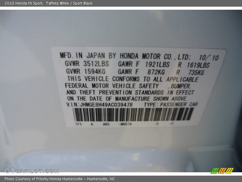 Taffeta White / Sport Black 2010 Honda Fit Sport