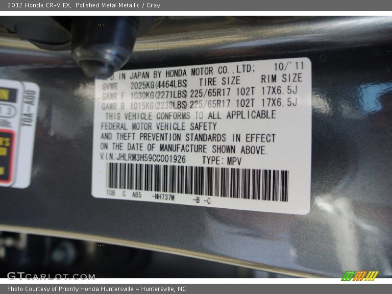 2012 CR-V EX Polished Metal Metallic Color Code NH737M