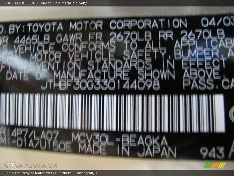 Mystic Gold Metallic / Ivory 2003 Lexus ES 300