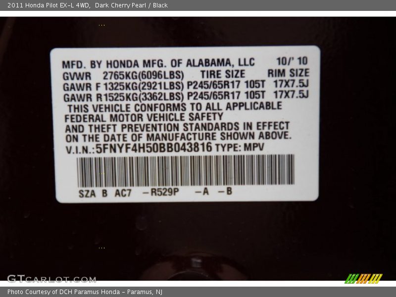 Dark Cherry Pearl / Black 2011 Honda Pilot EX-L 4WD