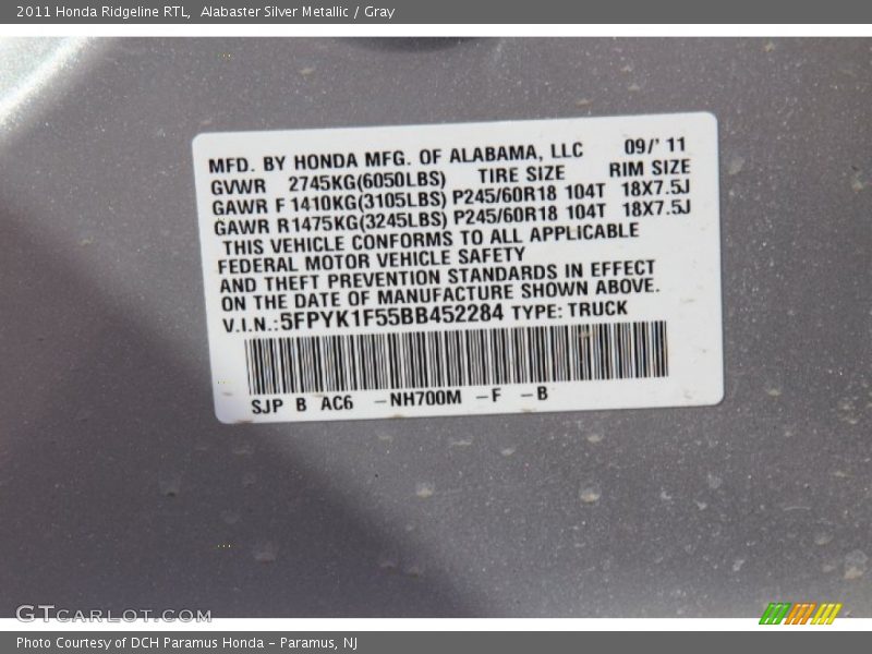 Alabaster Silver Metallic / Gray 2011 Honda Ridgeline RTL