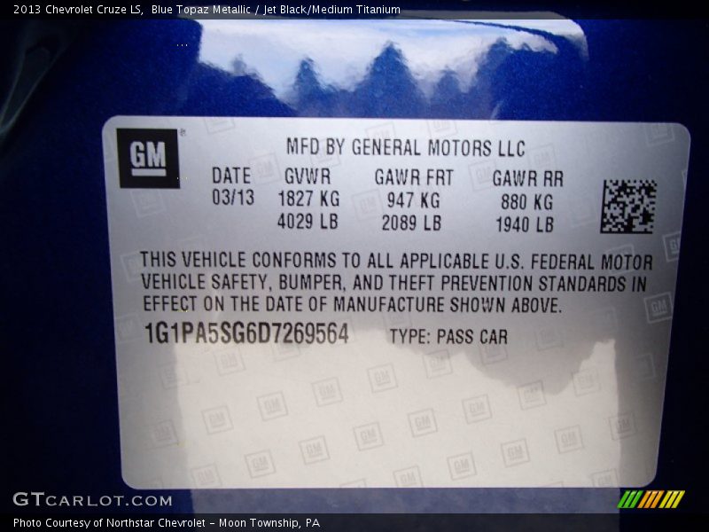 Blue Topaz Metallic / Jet Black/Medium Titanium 2013 Chevrolet Cruze LS