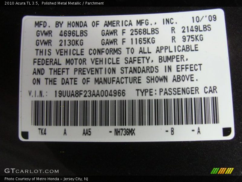 Polished Metal Metallic / Parchment 2010 Acura TL 3.5