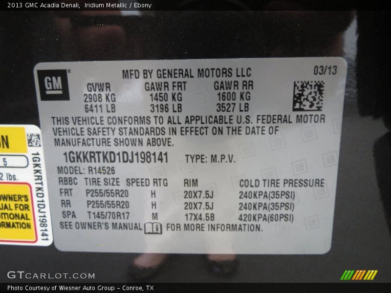 Info Tag of 2013 Acadia Denali