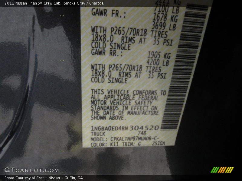 Smoke Gray / Charcoal 2011 Nissan Titan SV Crew Cab