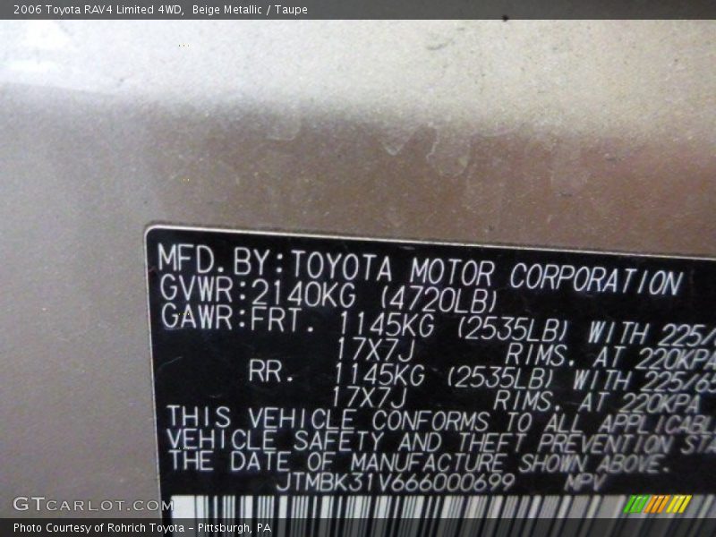 Beige Metallic / Taupe 2006 Toyota RAV4 Limited 4WD